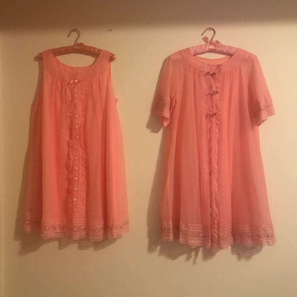 Vtg Shadowline Peach Nightgown + Peignoir Medium